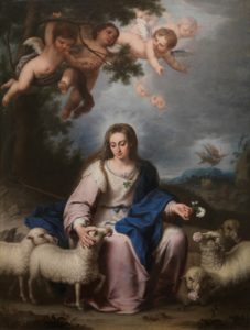 La Divina Pastora, por La Divina Pastora, por Alonso Miguel de Tobar, hacia 1732. Óleo sobre lienzo, 167 x 127 cm. Museo Nacional del Prado. No expuesto.